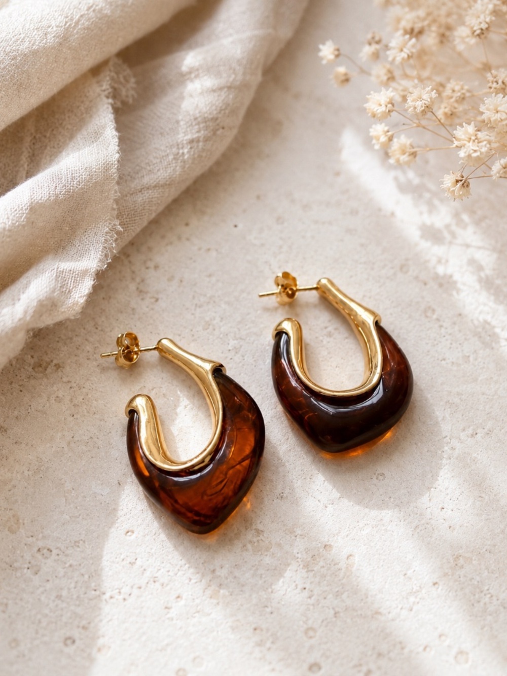 Amber Brown Resin Earrings, Gold Plated Studs, Gift for Her